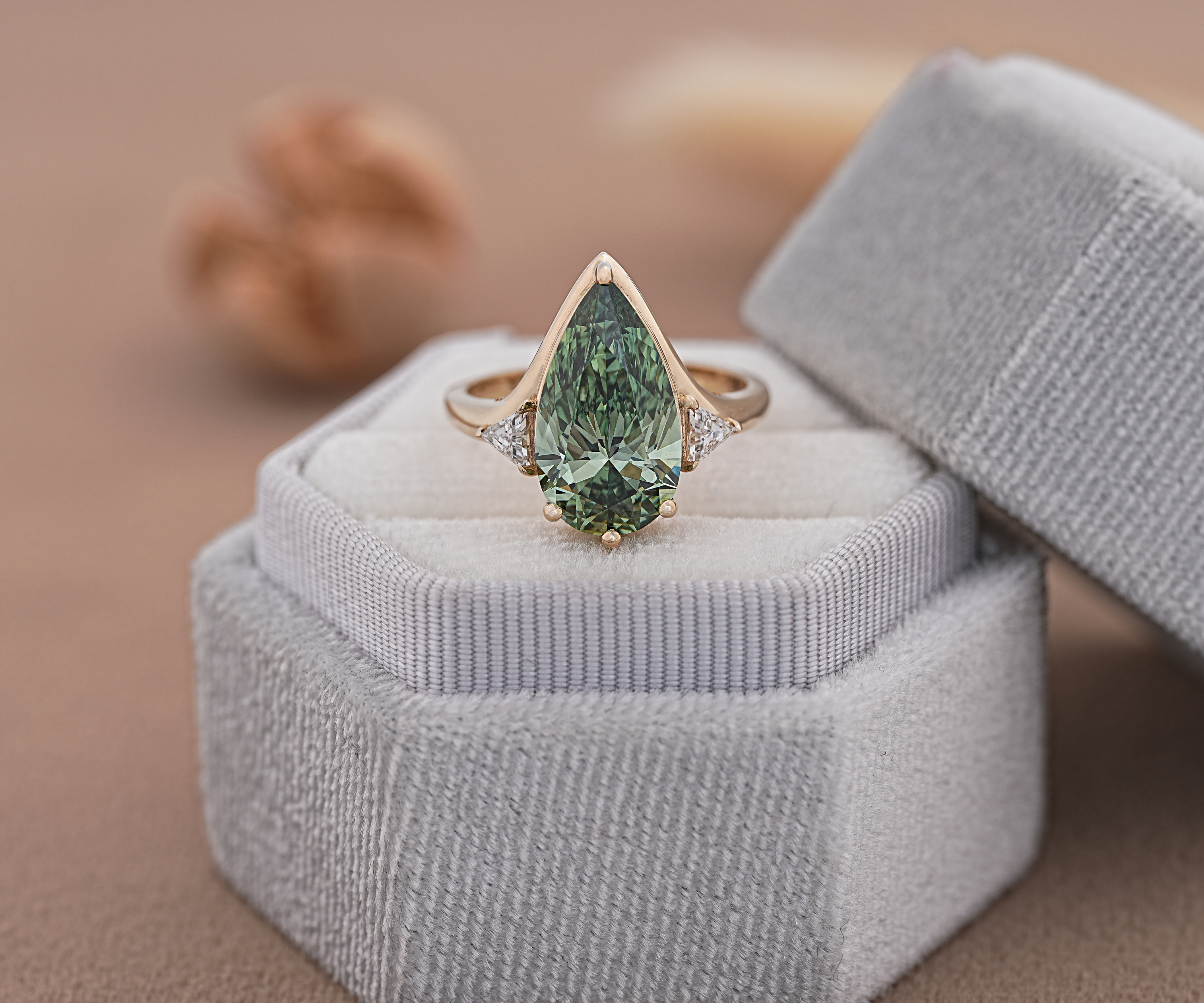 Green Pear Shaped Lab Grown Diamond Three Stone Engagement Ring