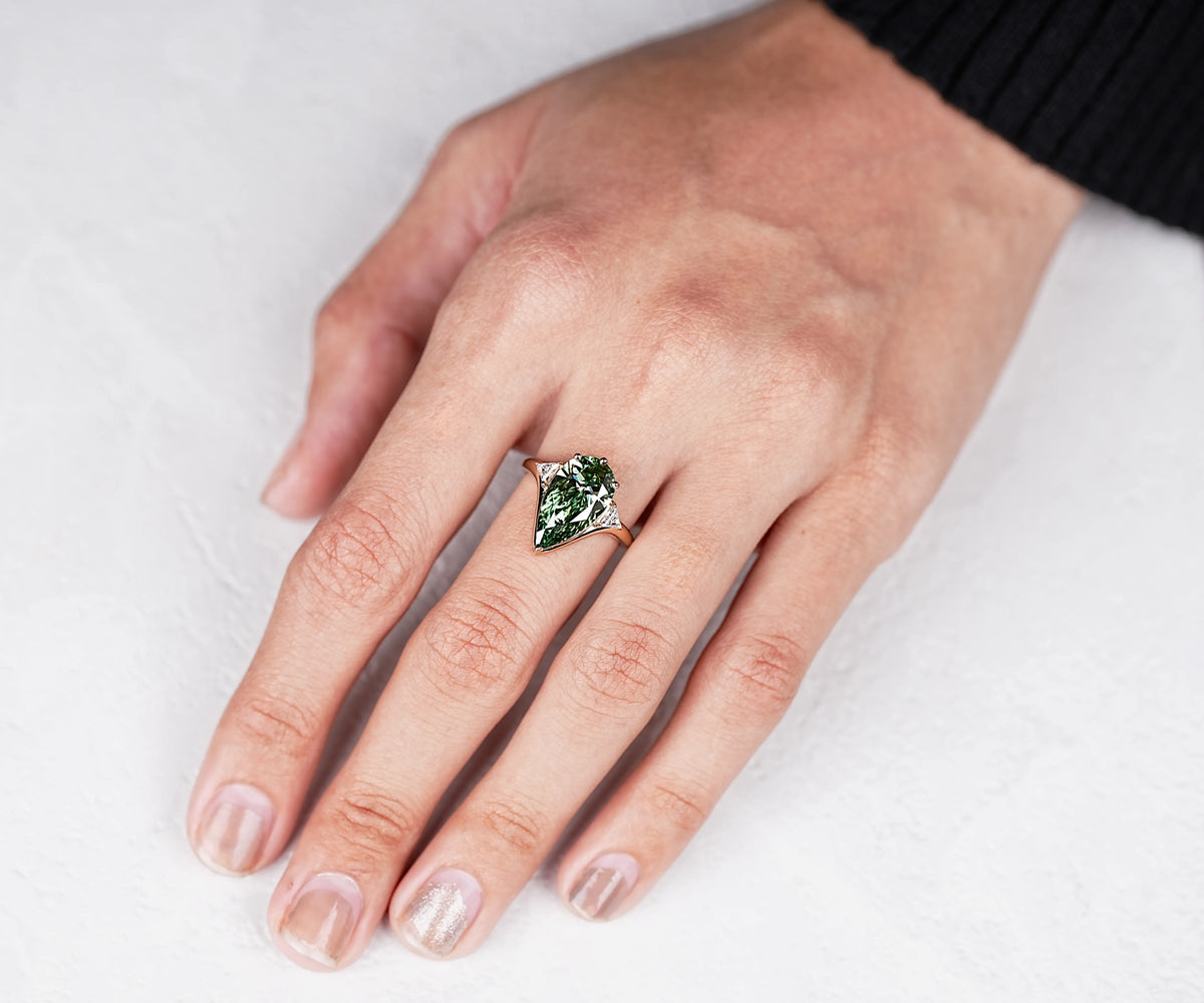 Three Stone Fancy Green Pear Shape Lab Diamond Anniversary Ring