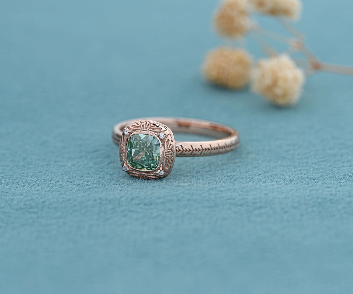 Vintage Floral Bezel Fancy Green Cushion Shape Lab Diamond Anniversary Ring