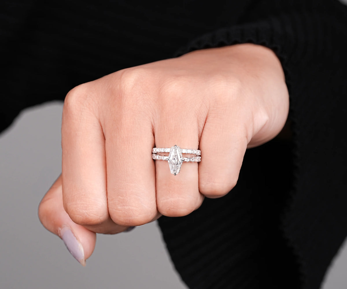 Bridal Set Hidden Halo Antique Lozenge Shape Lab Diamond Engagement Ring