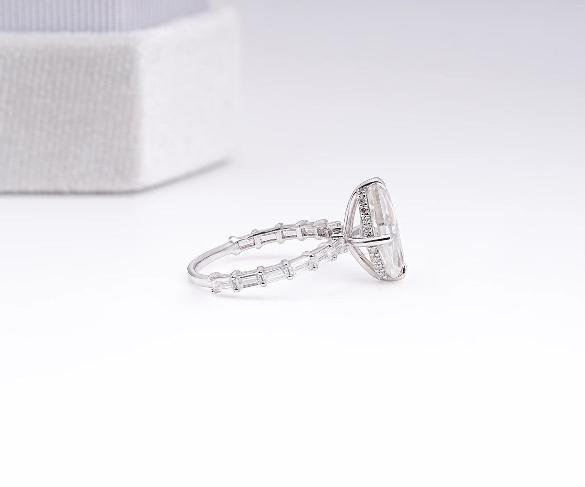 Solitaire Hidden Halo Antique Lozenge Shape Lab Diamond Engagement Ring