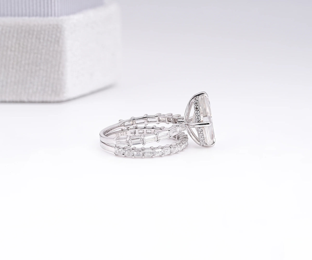 Bridal Set Hidden Halo Antique Lozenge Shape Lab Diamond Engagement Ring