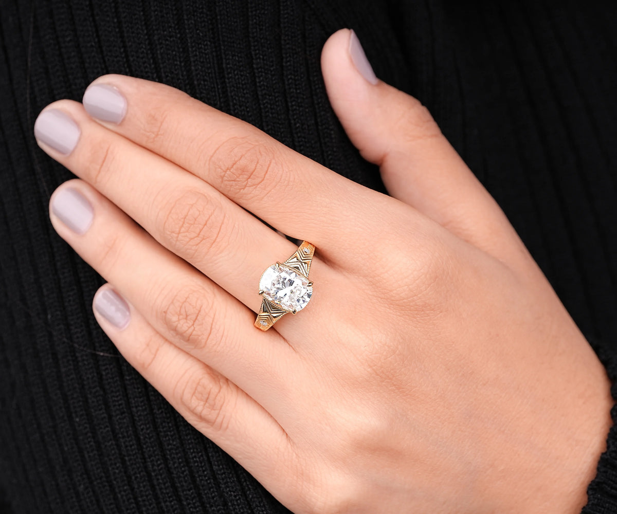 Art Deco Milgrain Elongated Cushion Shape Lab Diamond Engagement Ring