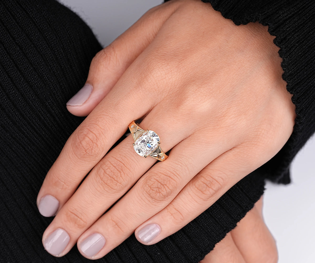 Art Deco Milgrain Elongated Cushion Shape Lab Diamond Engagement Ring