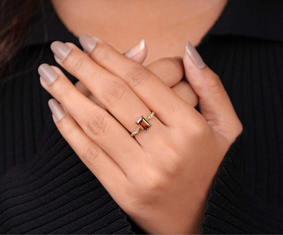 Art Deco Fancy Orange Emerald Shape Lab Diamond Anniversary Ring
