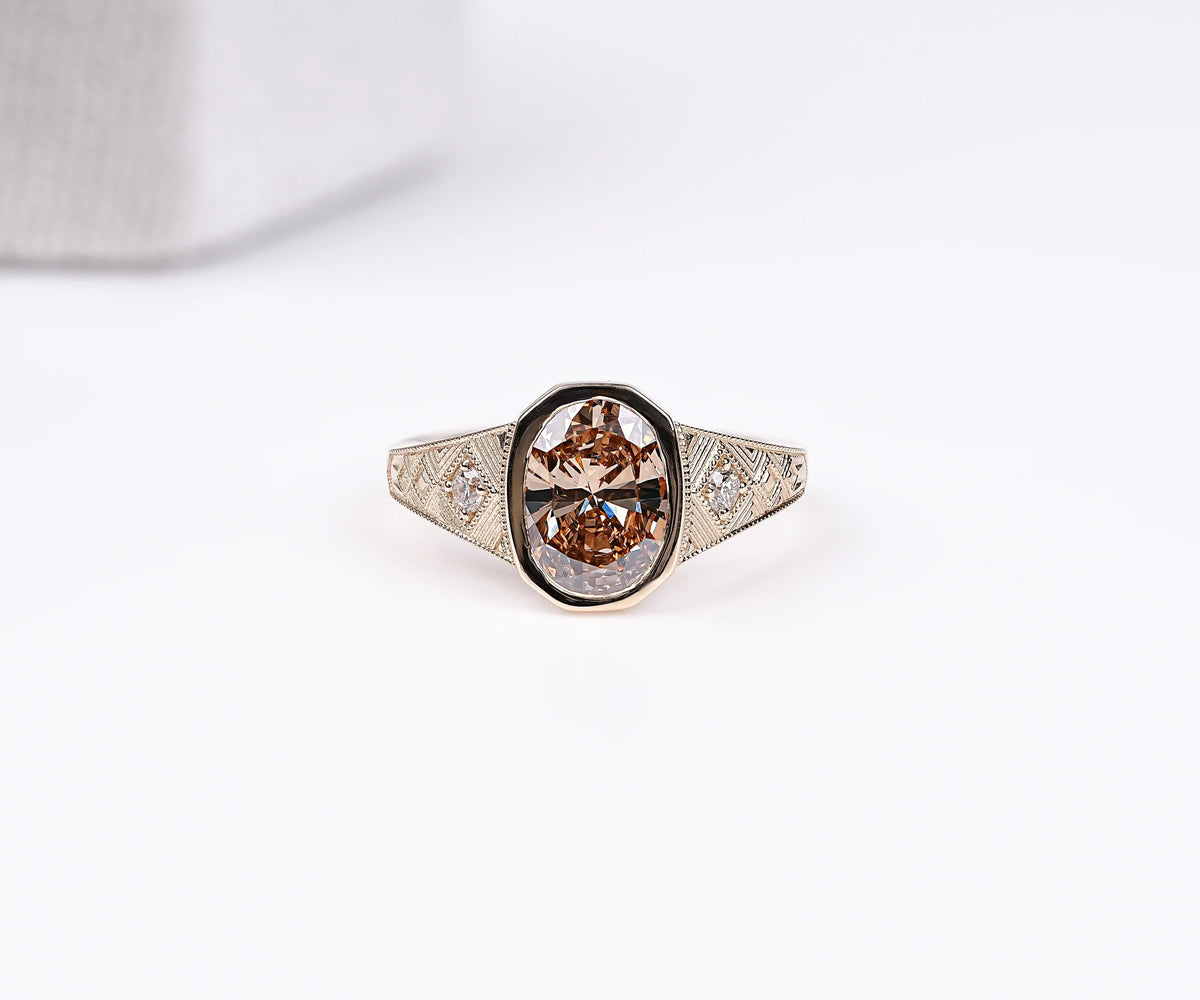 Art Deco Vintage Engraved Bezel Fancy Brown Oval Cut Lab Diamond Engagement Ring