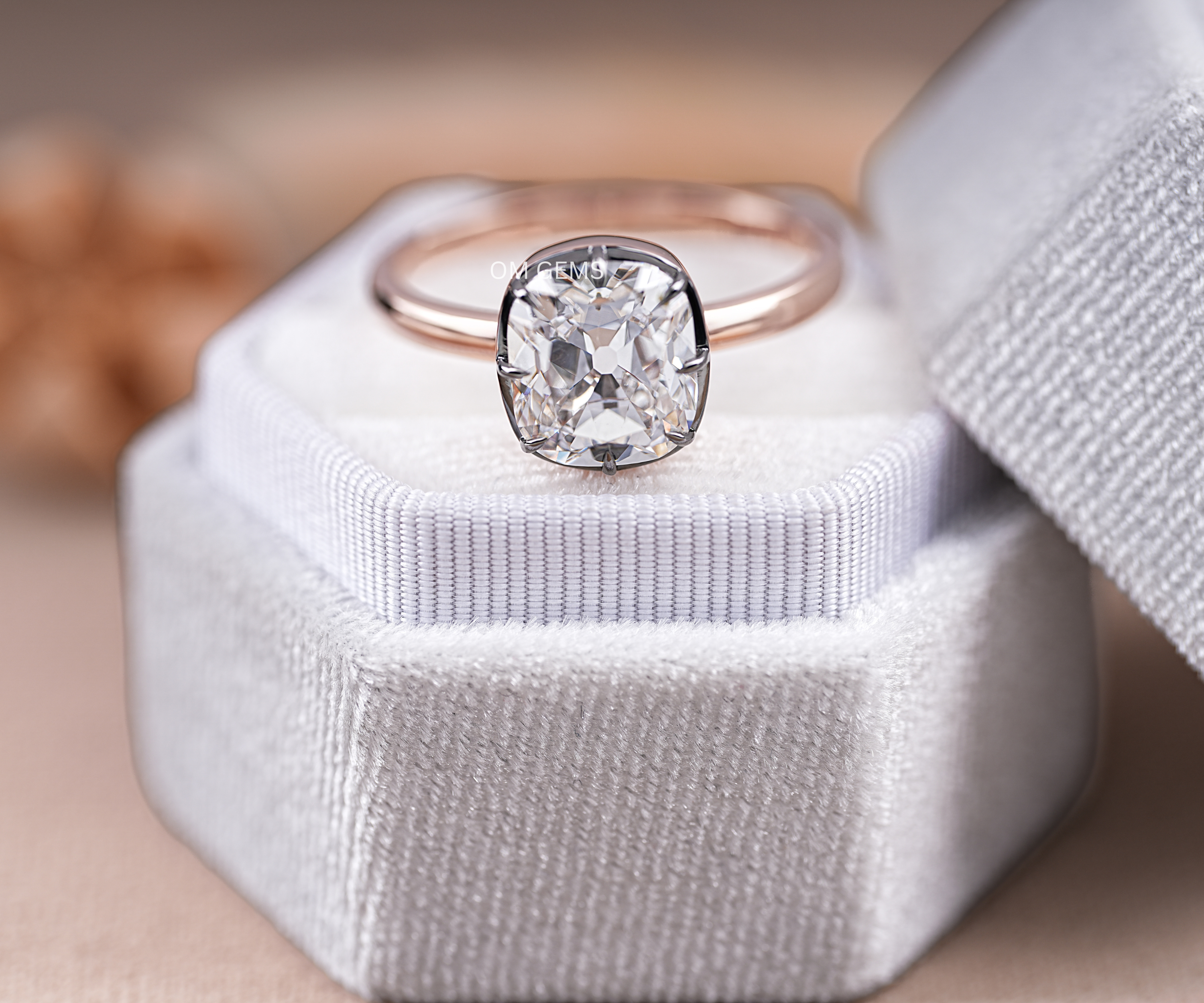 Bezel Set Old Mine Cushion Cut Lab Grown Diamond Ring
