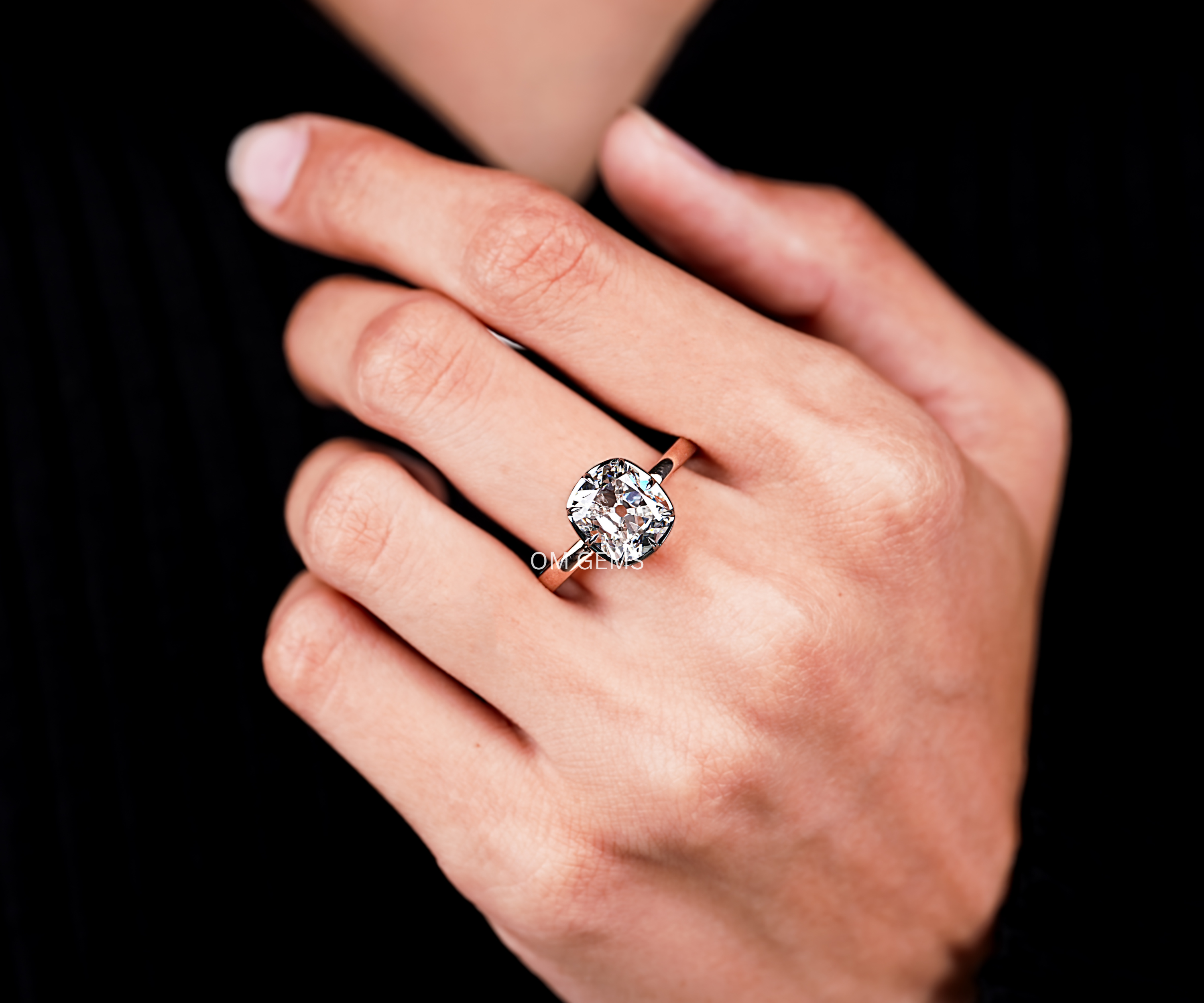 18k Rose Gold Lab Grown Old Mine Cushion Cut Diamond Bezel Set Ring