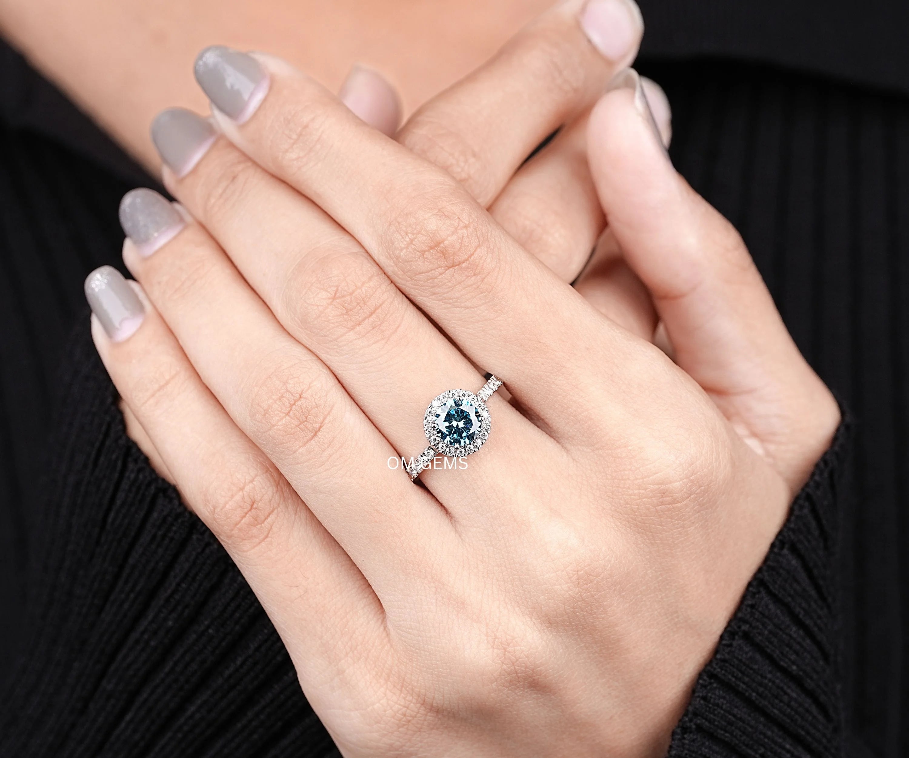 Blue Diamond Halo Engagement Ring