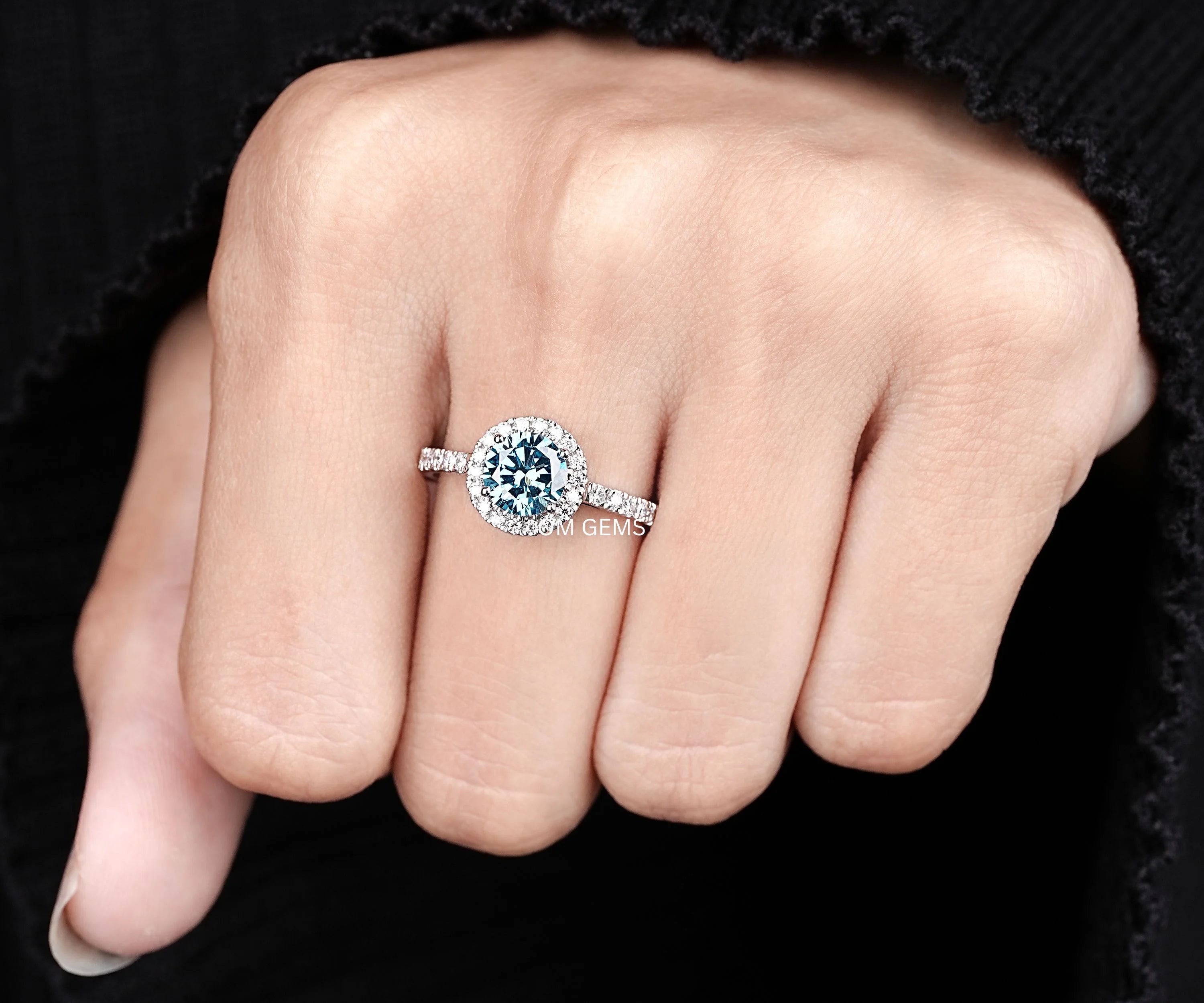 Blue Diamond Halo Engagement Ring