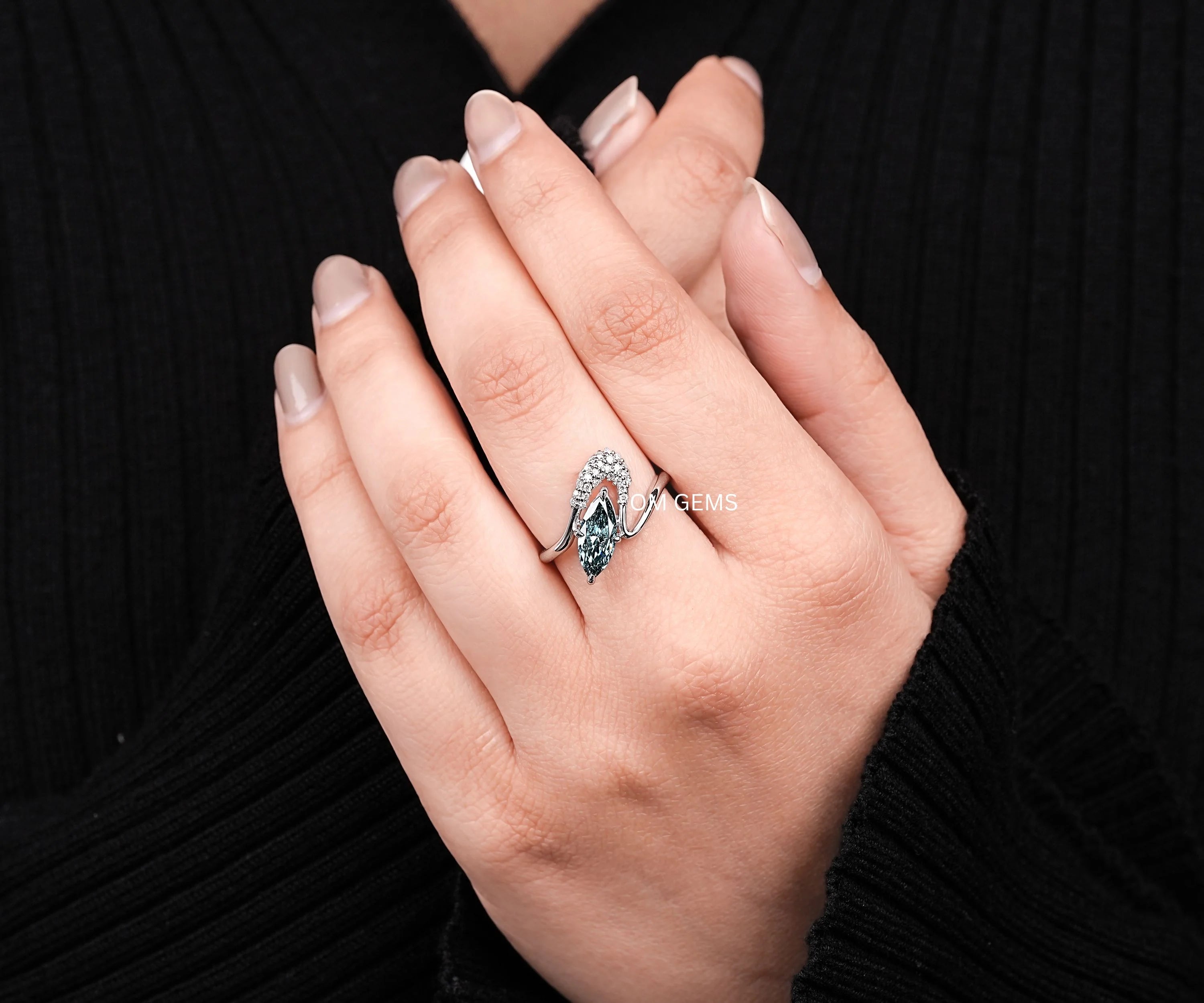 Blue Marquise Lab Diamond Pave Set Wave Ring