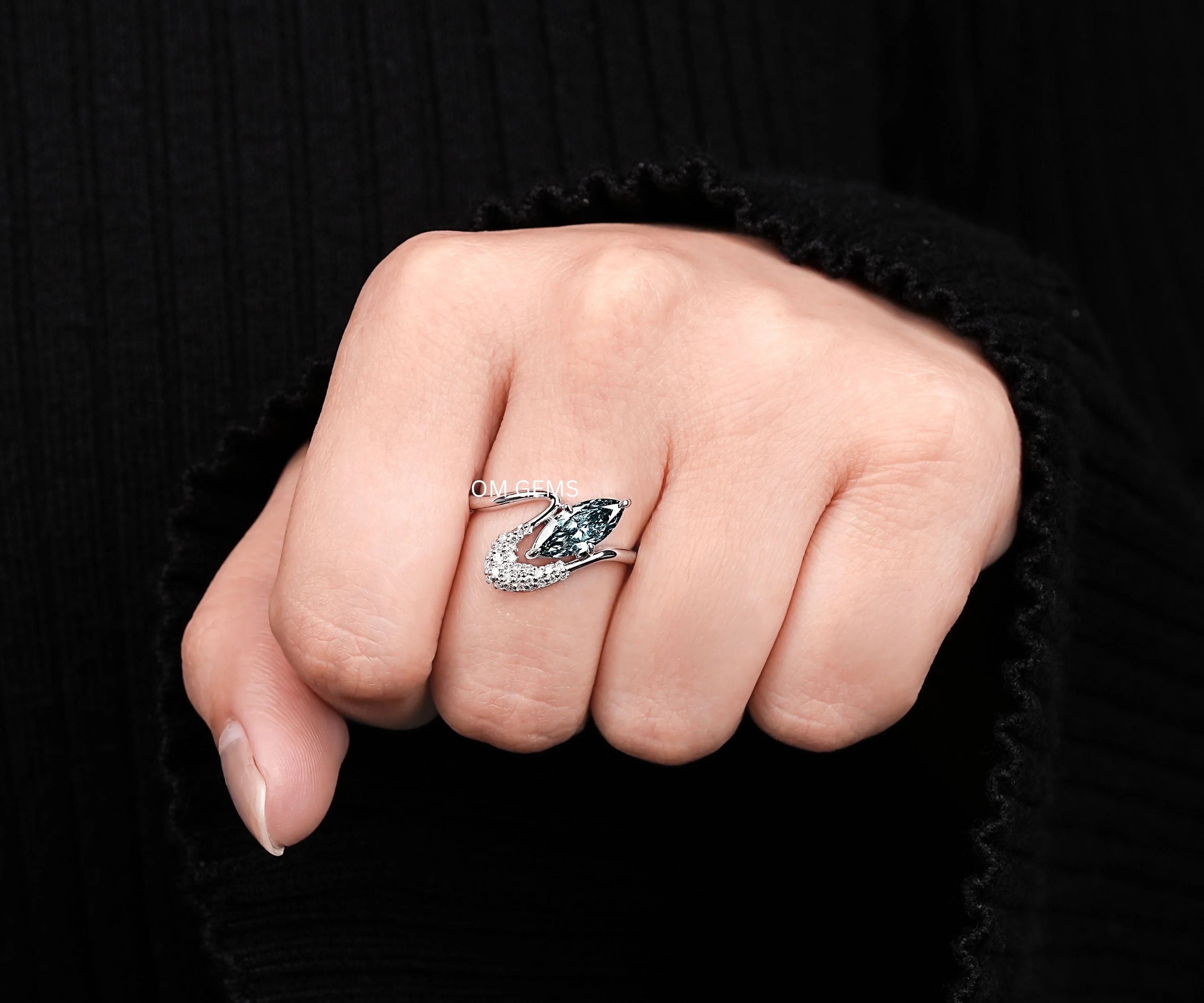 Blue Marquise Lab Diamond Pave Set Wave Ring