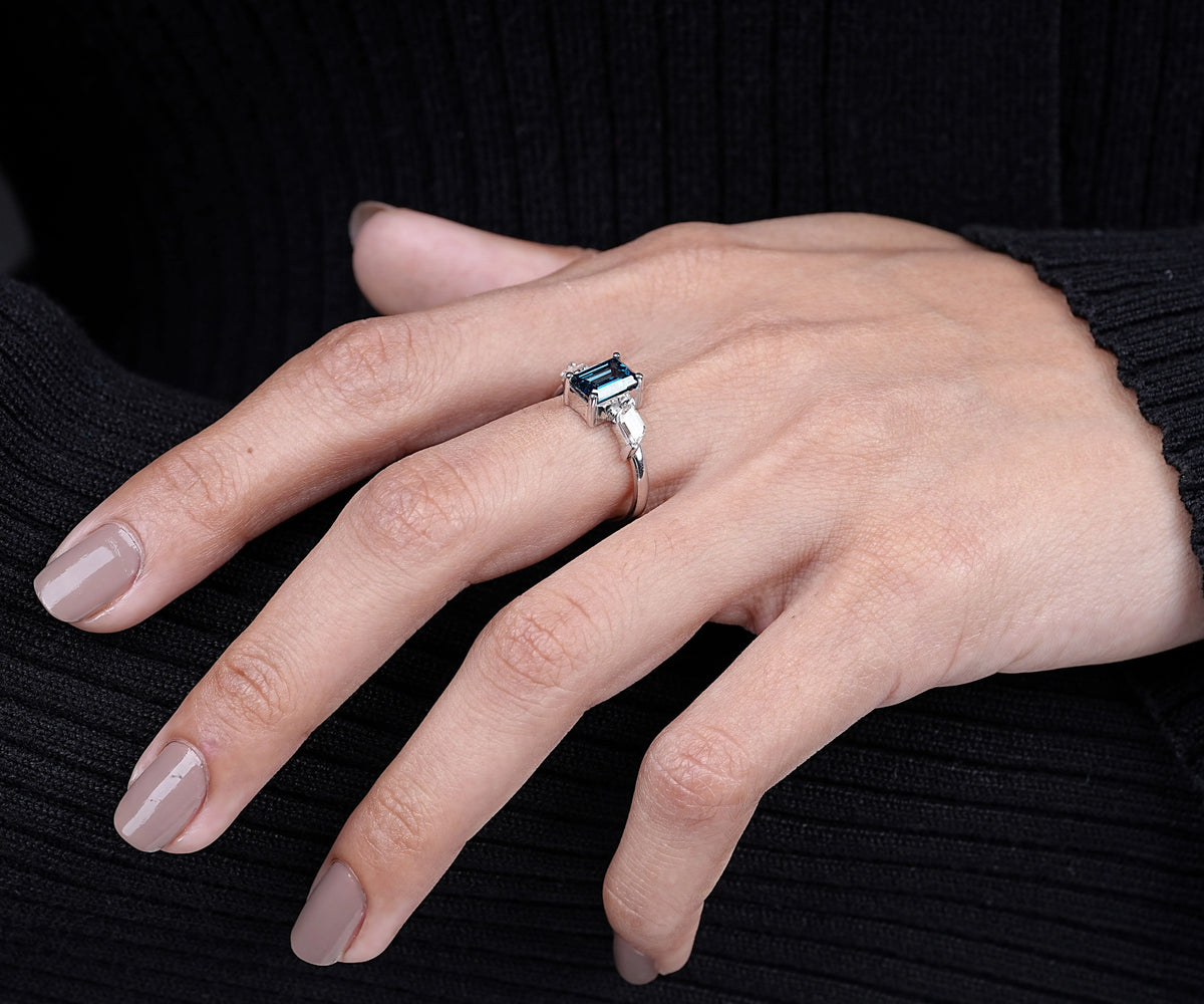 Three Stone Fancy Blue Emerald Shape Lab Diamond Engagement Ring