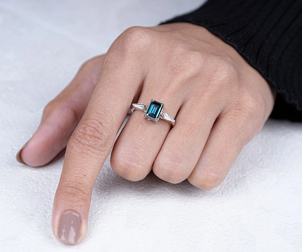 Three Stone Fancy Blue Emerald Shape Lab Diamond Engagement Ring