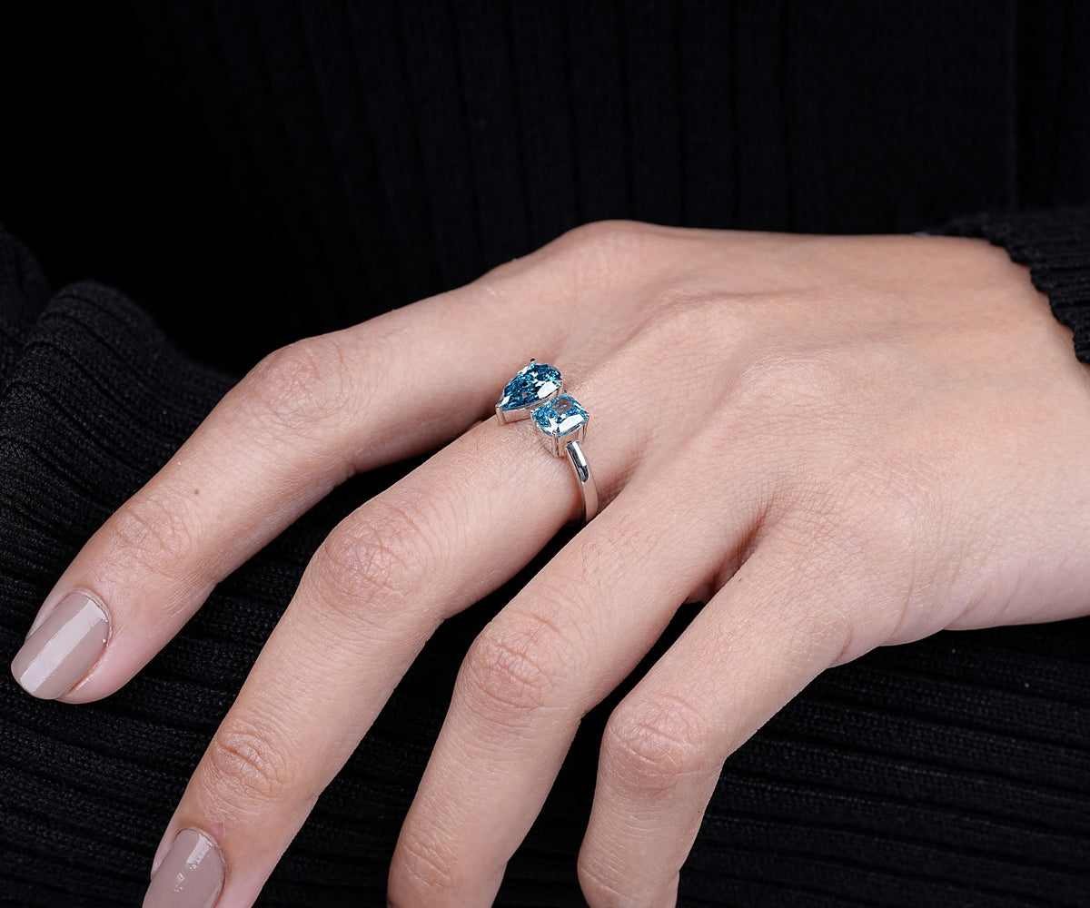 Toi Et Moi Fancy Blue Pear and Cushion Shape Lab Diamond Engagement Ring