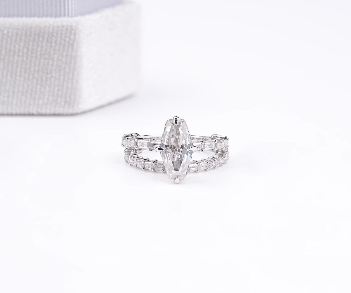 Bridal Set Hidden Halo Antique Lozenge Shape Lab Diamond Engagement Ring