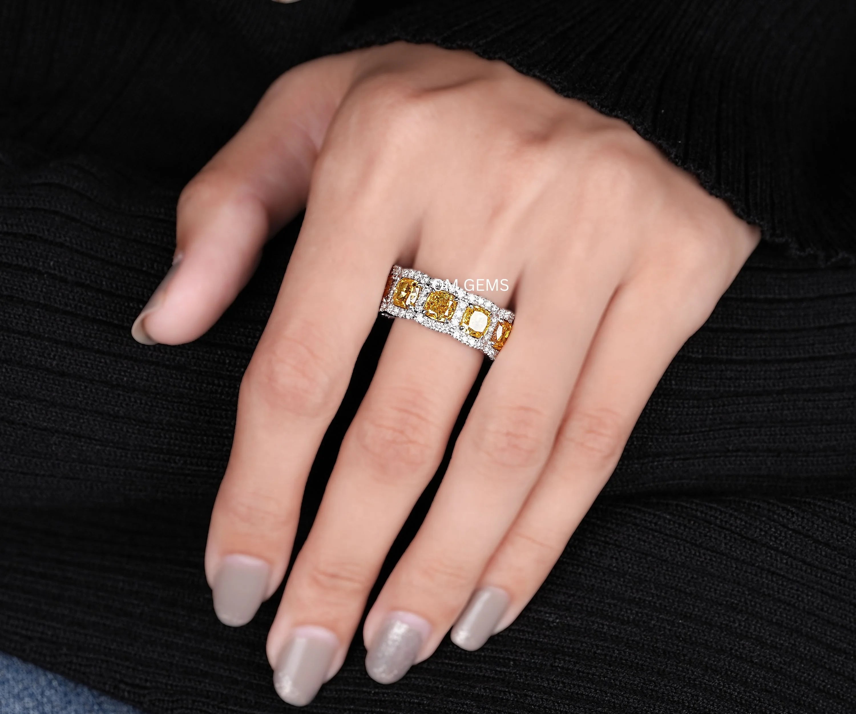Canary Yellow Cushion Eternity Wedding Band