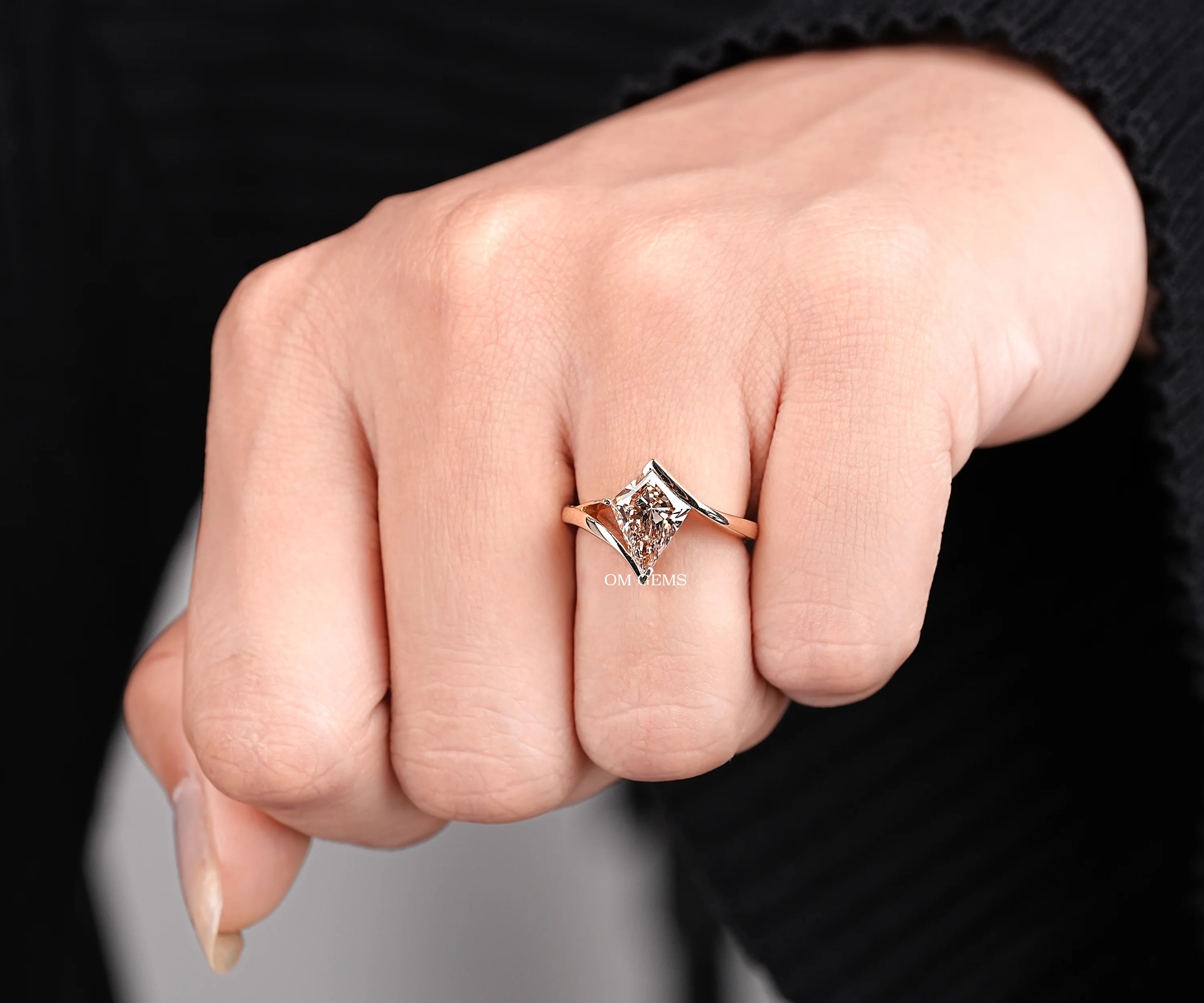 Champagne Kite Cut Lab Diamond Solitaire Bypass Ring