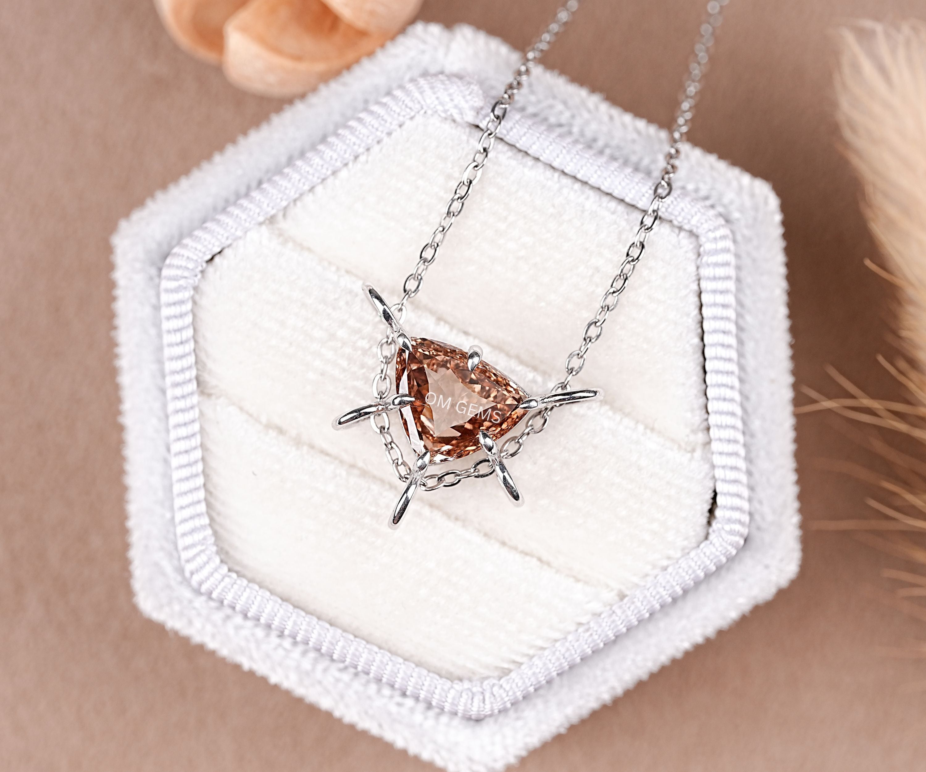 14k White Gold Lab Grown Champagne Trillion Cut Diamond Pendant