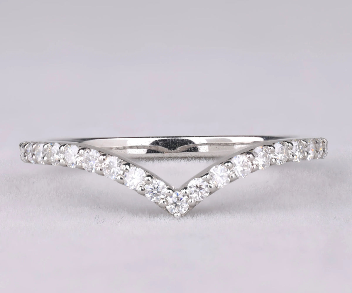 Chevron V-Shape Pavé Round Gemstone Wedding Band
