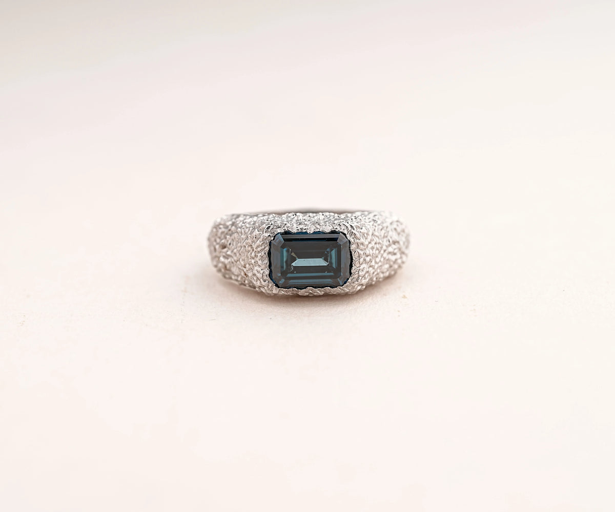 Chunky Dome Bezel Fancy Blue Emerald Shape Lab Diamond Anniversary Ring