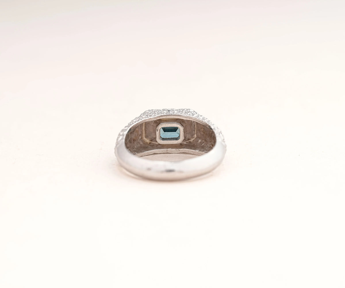 Chunky Dome Bezel Fancy Blue Emerald Shape Lab Diamond Anniversary Ring