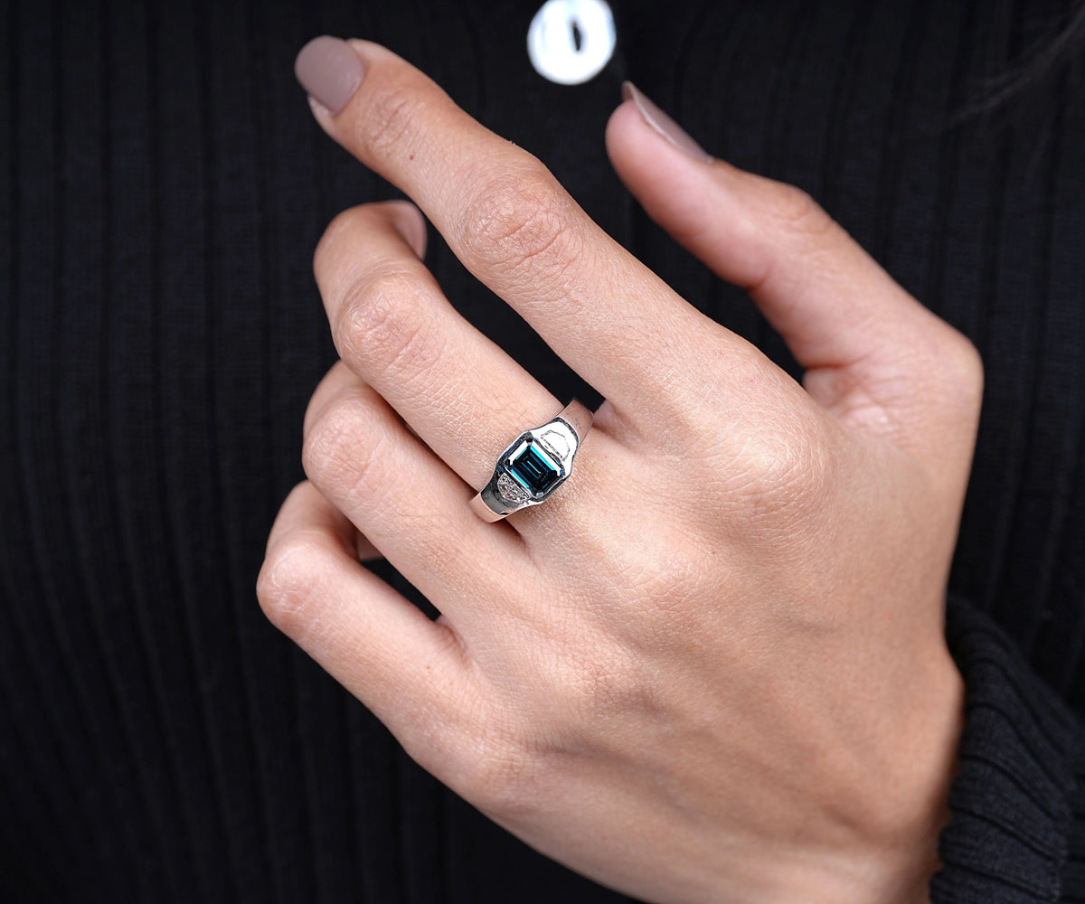 Three Stone Chunky Fancy Blue Emerald Shape Lab Diamond Anniversary Ring