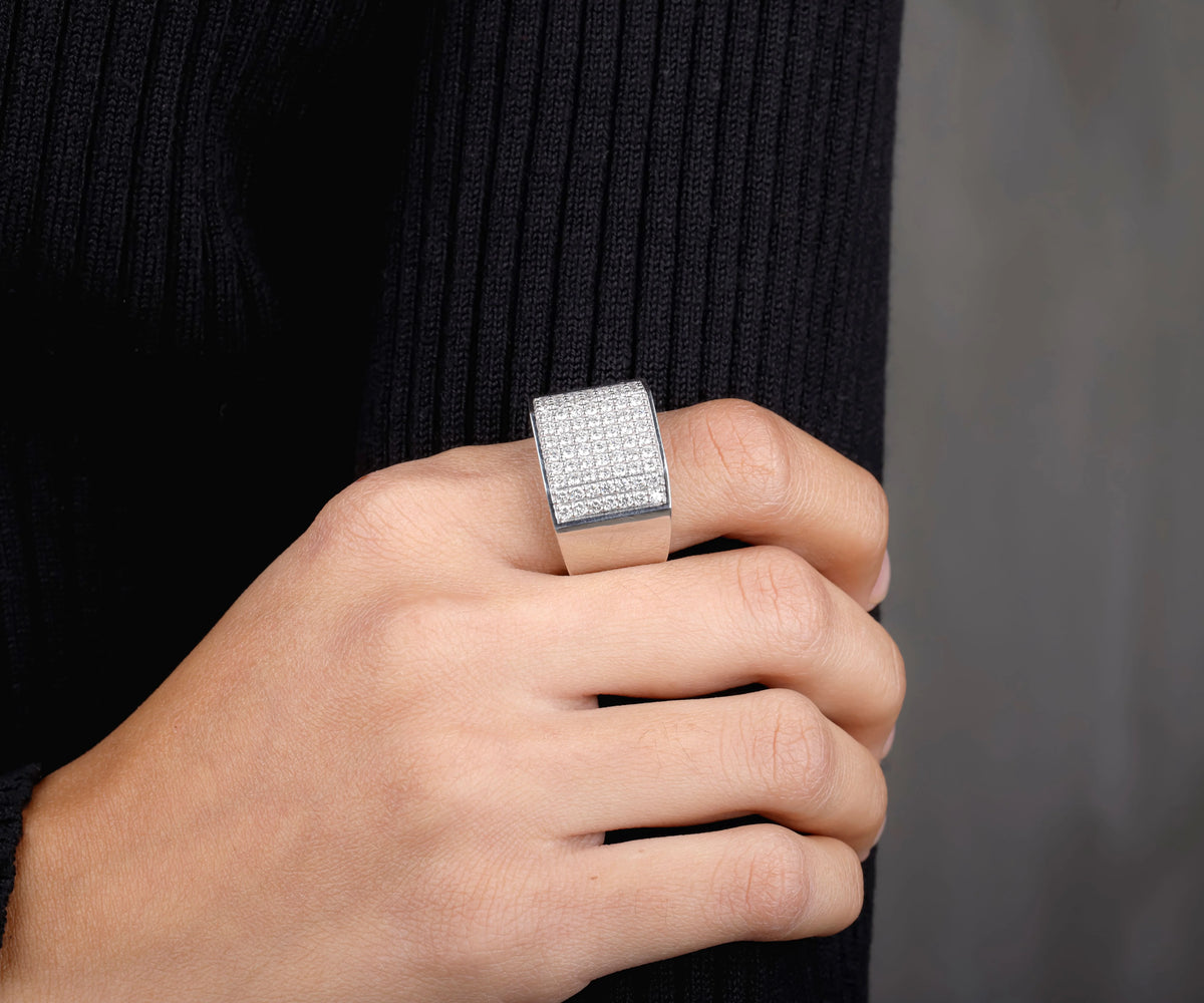 Men's Pavé Signet Round Shape Gemstone Wedding Ring