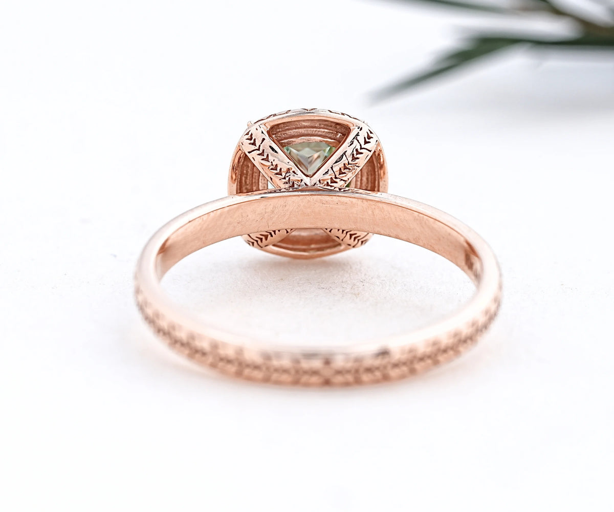 Vintage Floral Bezel Fancy Green Cushion Shape Lab Diamond Anniversary Ring