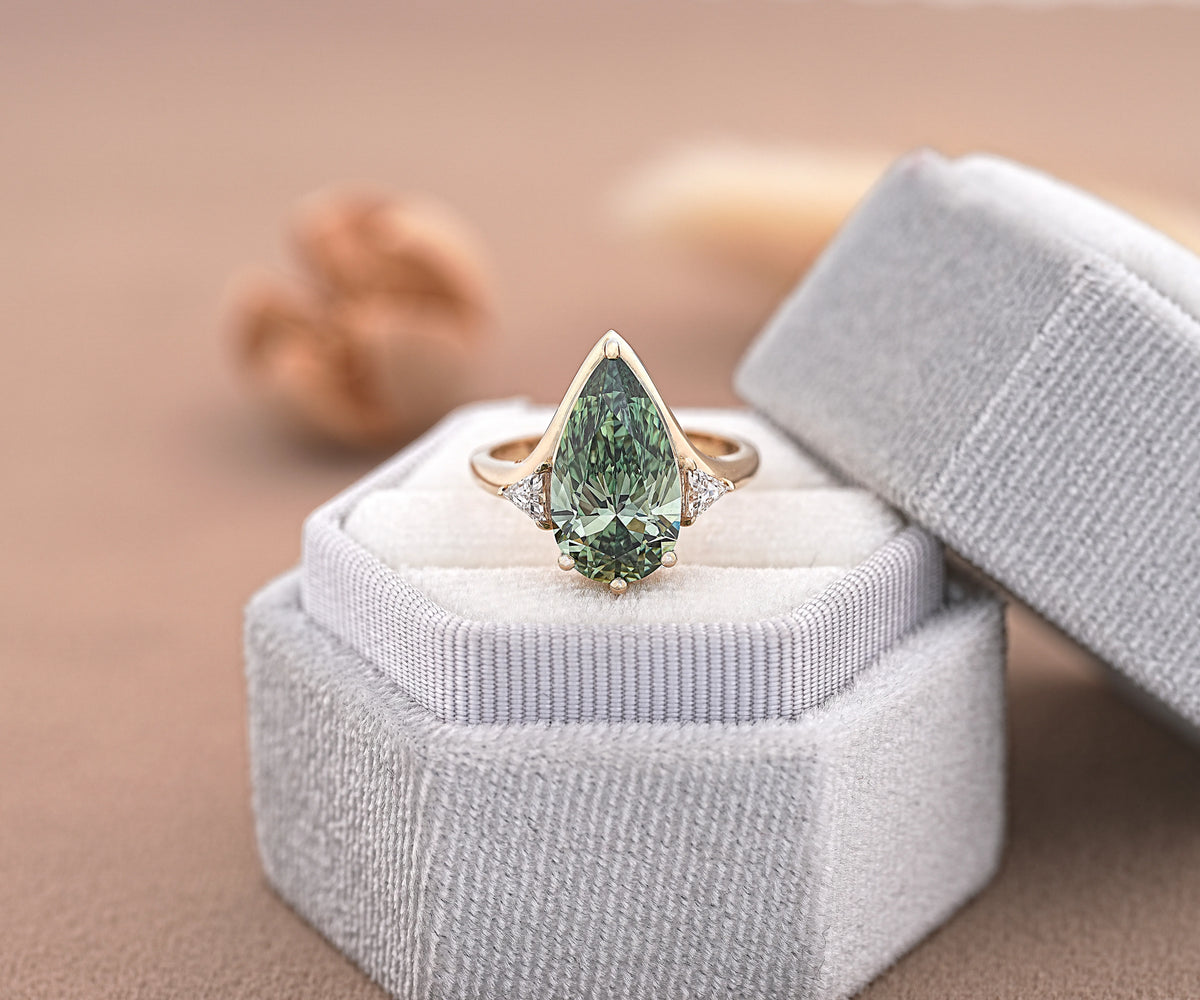 Three Stone Fancy Green Pear Shape Lab Diamond Anniversary Ring