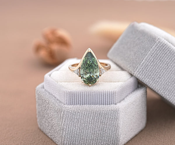 Three Stone Fancy Green Pear Shape Lab Diamond Anniversary Ring