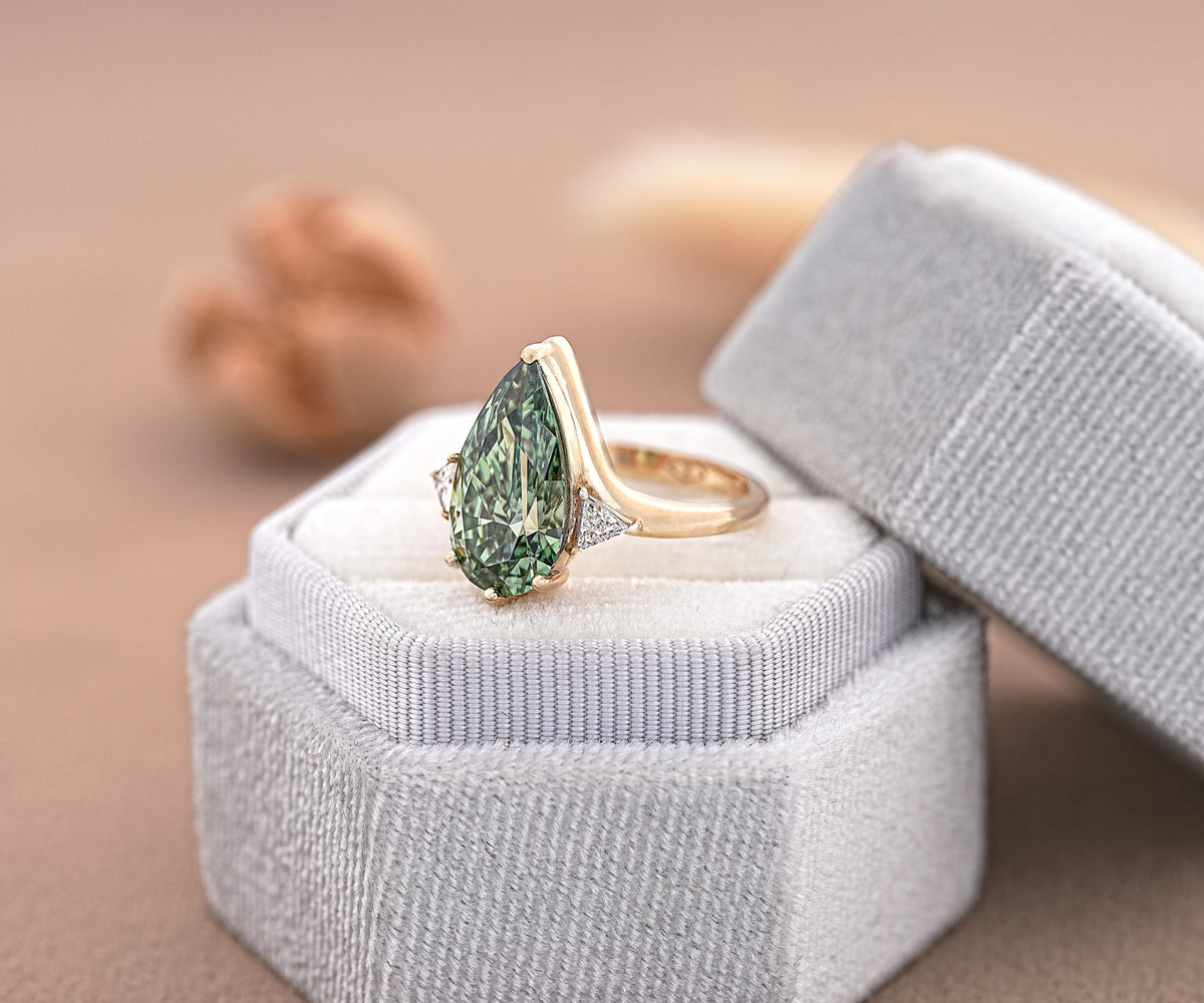 Three Stone Fancy Green Pear Shape Lab Diamond Anniversary Ring