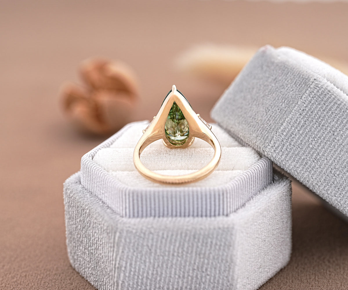Three Stone Fancy Green Pear Shape Lab Diamond Anniversary Ring