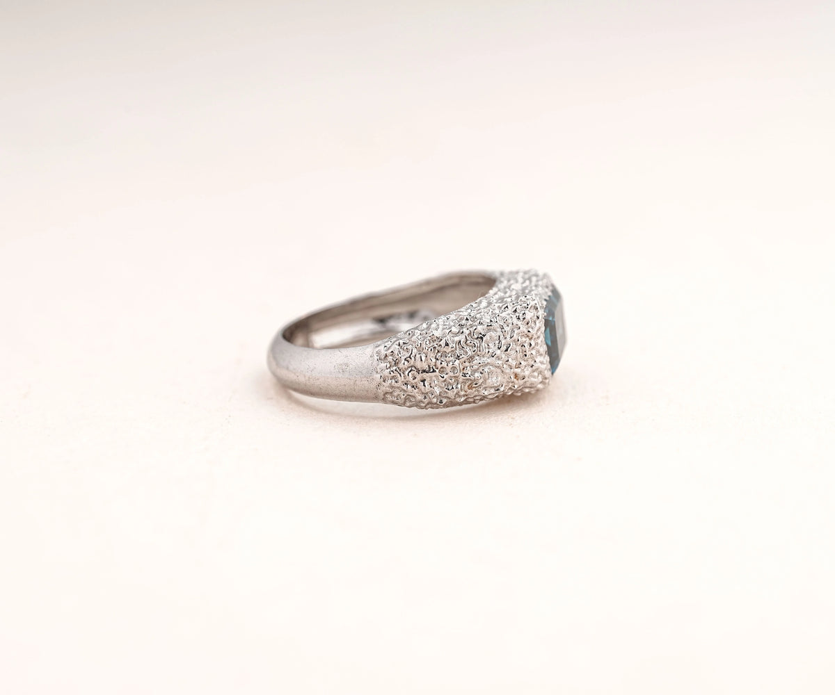 Chunky Dome Bezel Fancy Blue Emerald Shape Lab Diamond Anniversary Ring
