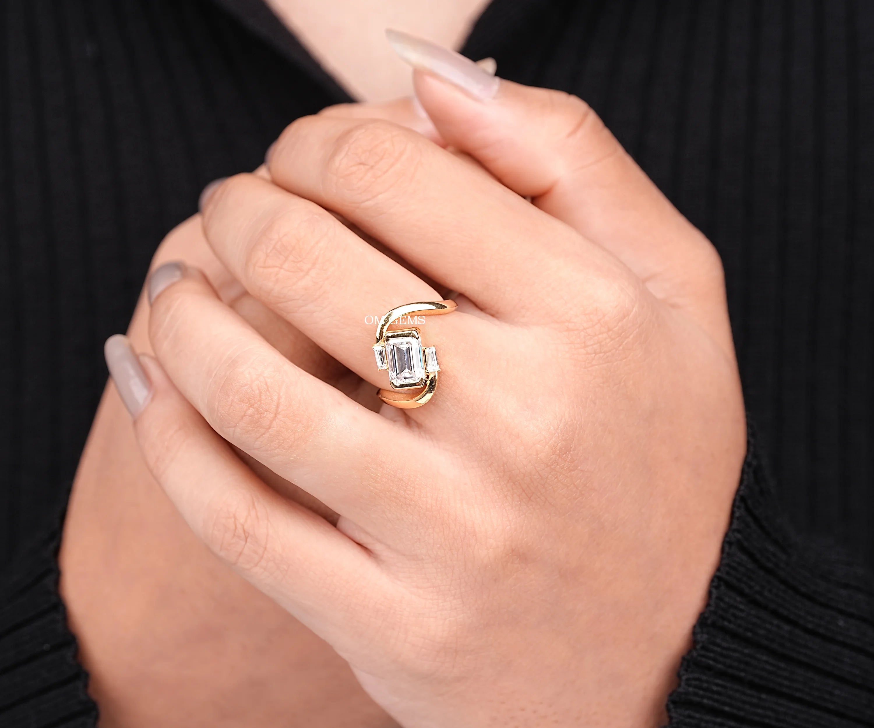 East West Emerald Lab Diamond Three Stone Curved Ring