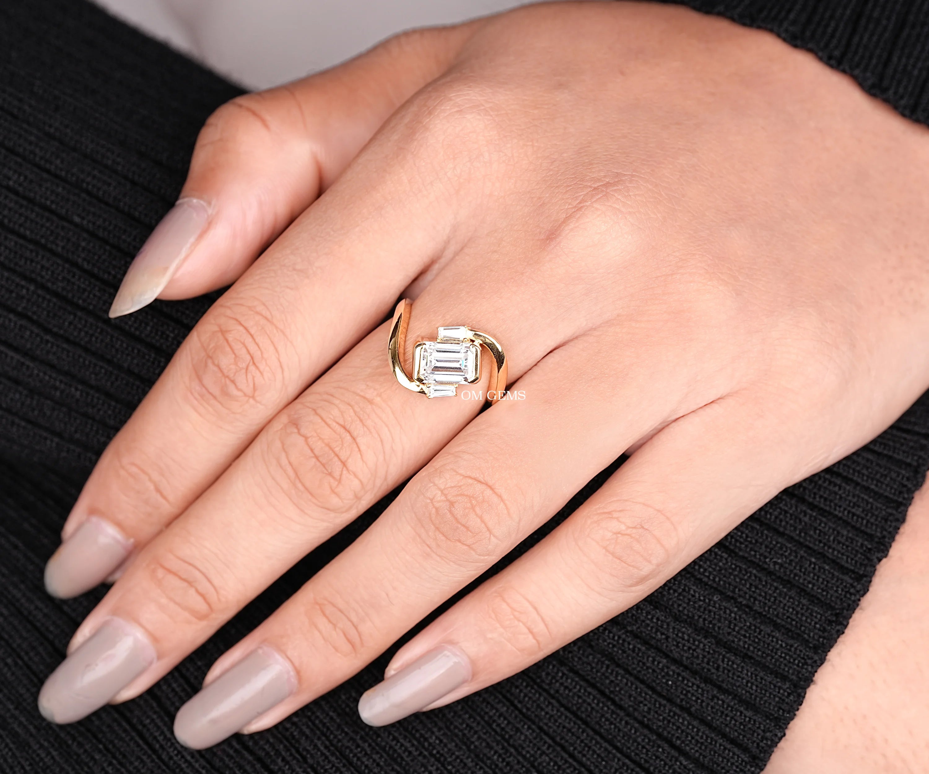 East West Emerald Lab Diamond Three Stone Curved Ring