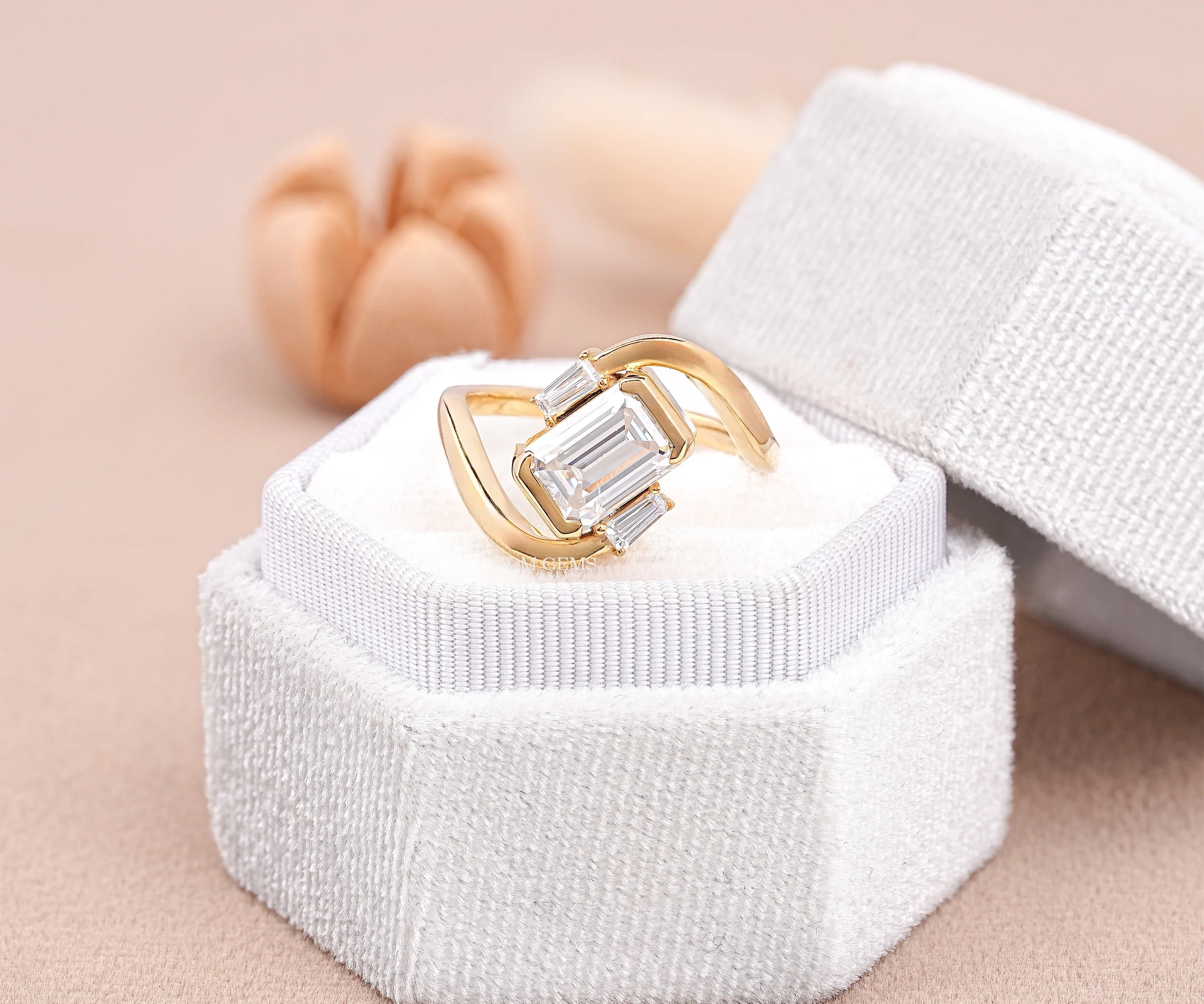 East West Emerald Lab Diamond Three Stone Curved Ring