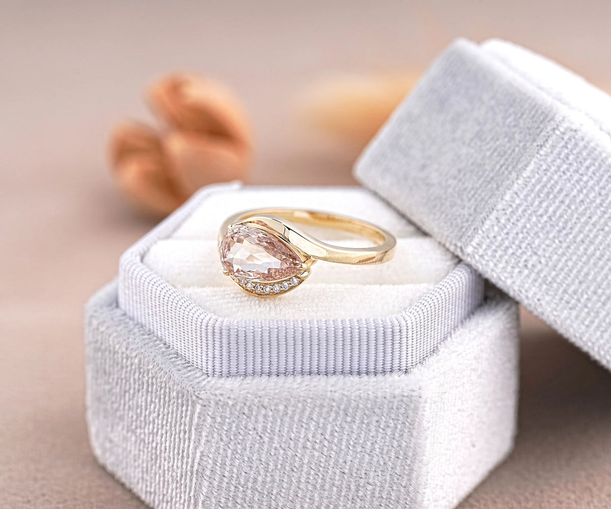 East-West Bypass Pavé Fancy Champagne Pear Shape Lab Diamond Engagement Ring