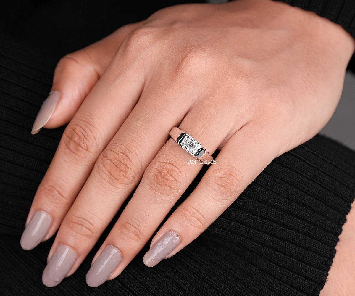 East-West Half Bezel Emerald Shape Lab Diamond Engagement Ring