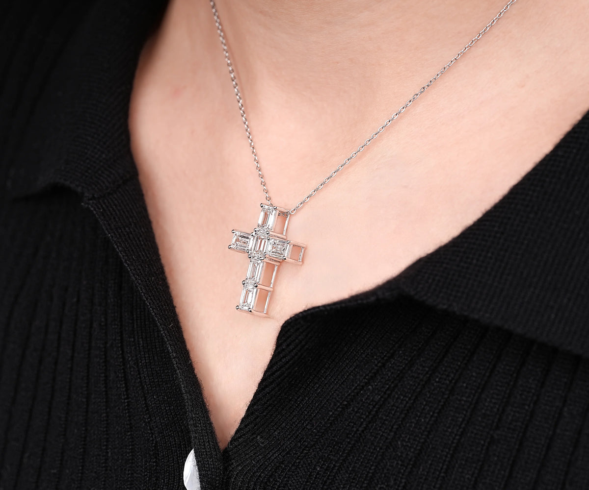 Cross Shape Emerald Cut Lab Grown Diamond Gift for Her Pendant