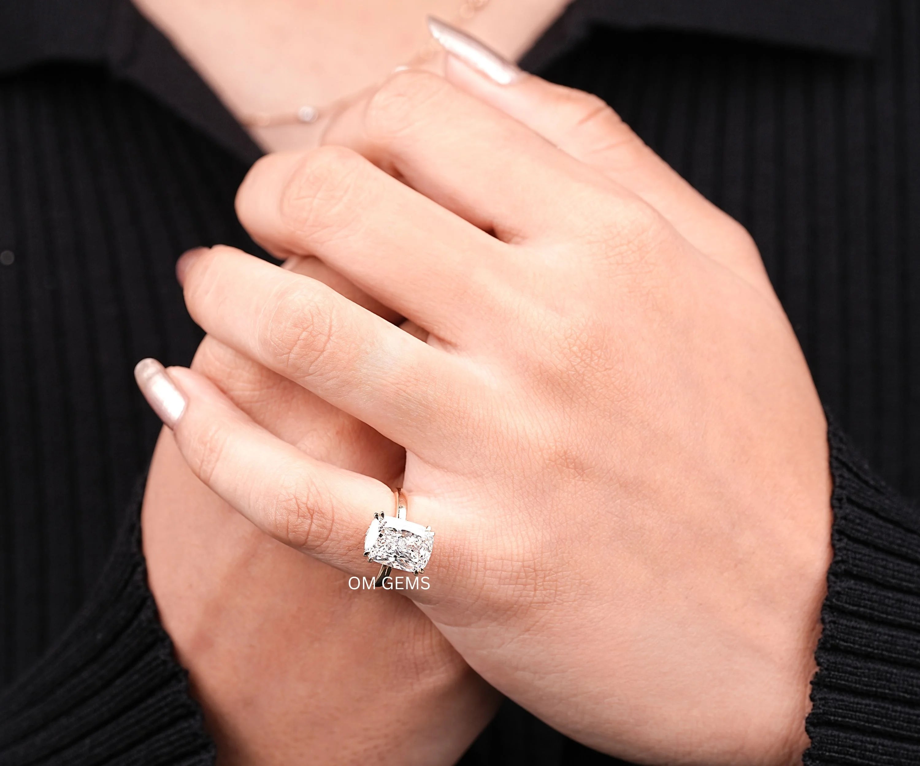 Elongated Cushion Cut Lab Diamond Engagement Ring