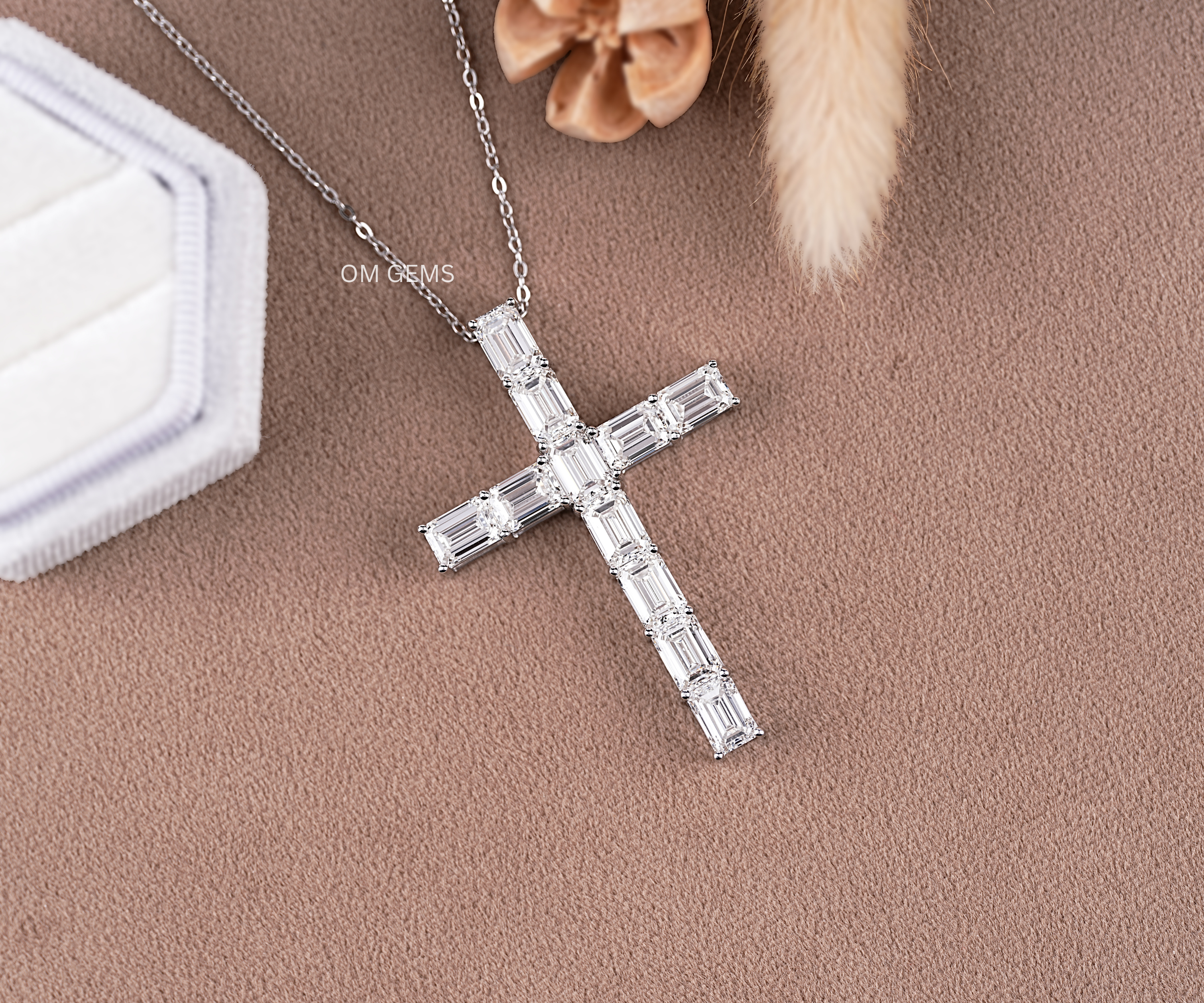14k White Gold Lab Grown Emerald Cut Diamond Cross Necklace