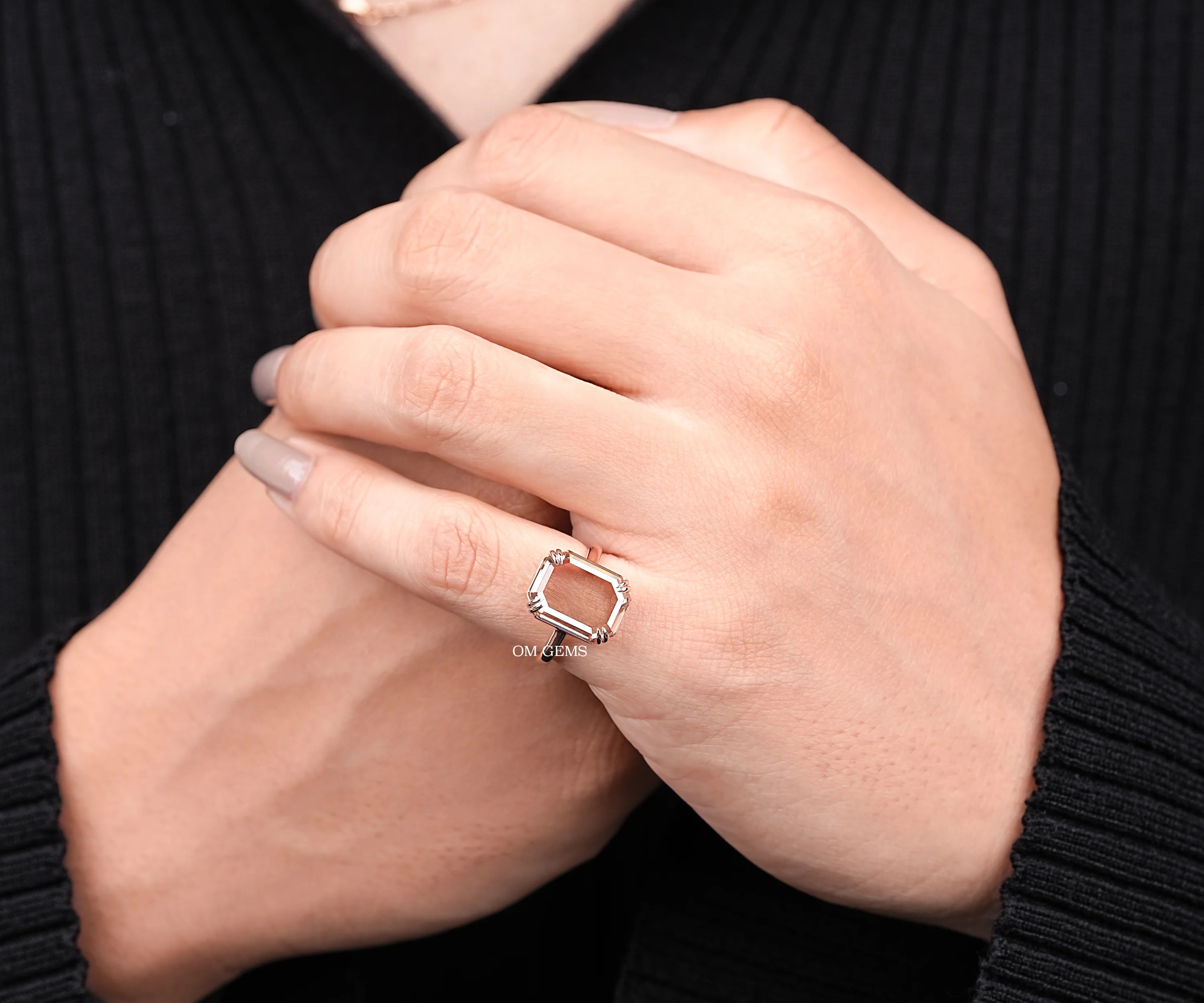 Portrait Cut Emerald Champagne Diamond Solitaire Ring