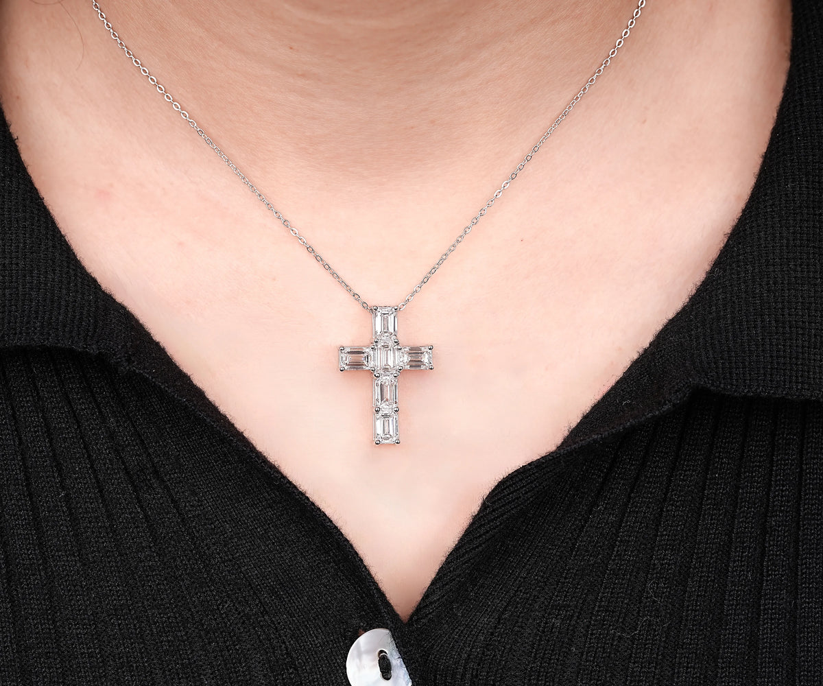 Cross Shape Emerald Cut Lab Grown Diamond Gift for Her Pendant