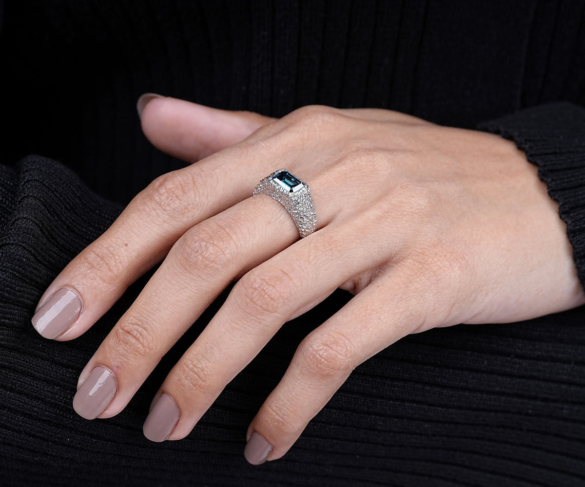 Chunky Dome Bezel Fancy Blue Emerald Shape Lab Diamond Anniversary Ring