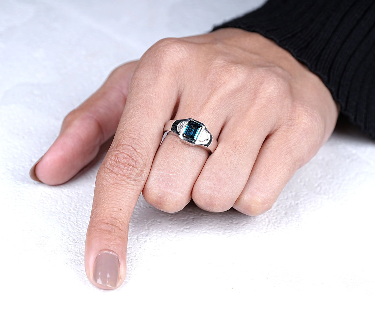 Three Stone Chunky Fancy Blue Emerald Shape Lab Diamond Anniversary Ring