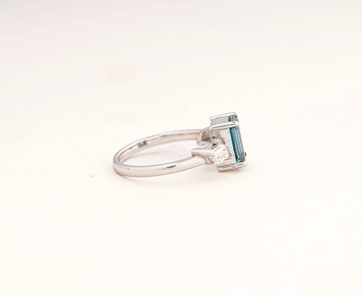 Three Stone Fancy Blue Emerald Shape Lab Diamond Engagement Ring