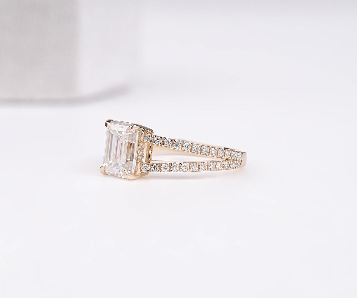 Hidden Halo Split Shank Emerald Shape Lab Diamond Engagement Ring