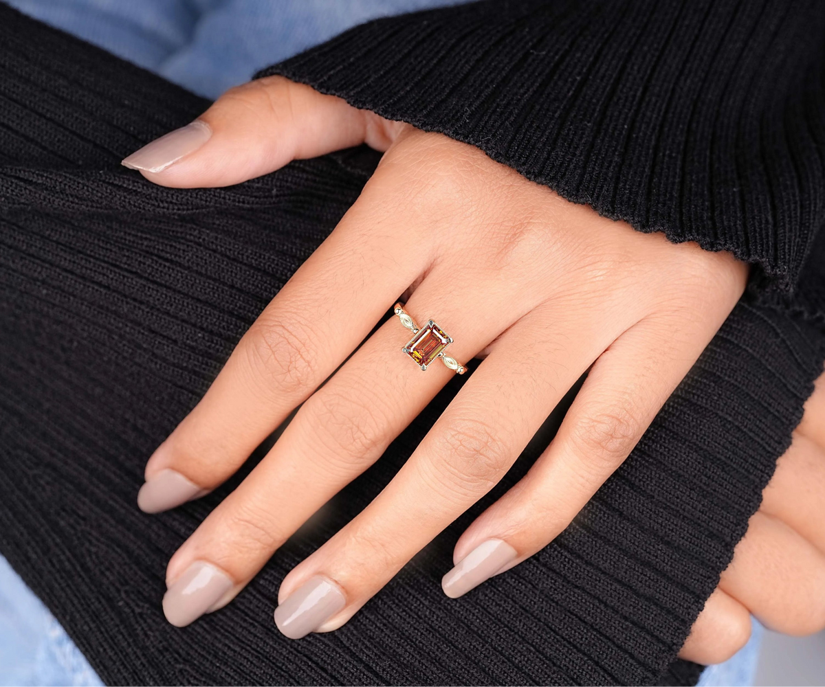 Art Deco Fancy Orange Emerald Shape Lab Diamond Anniversary Ring