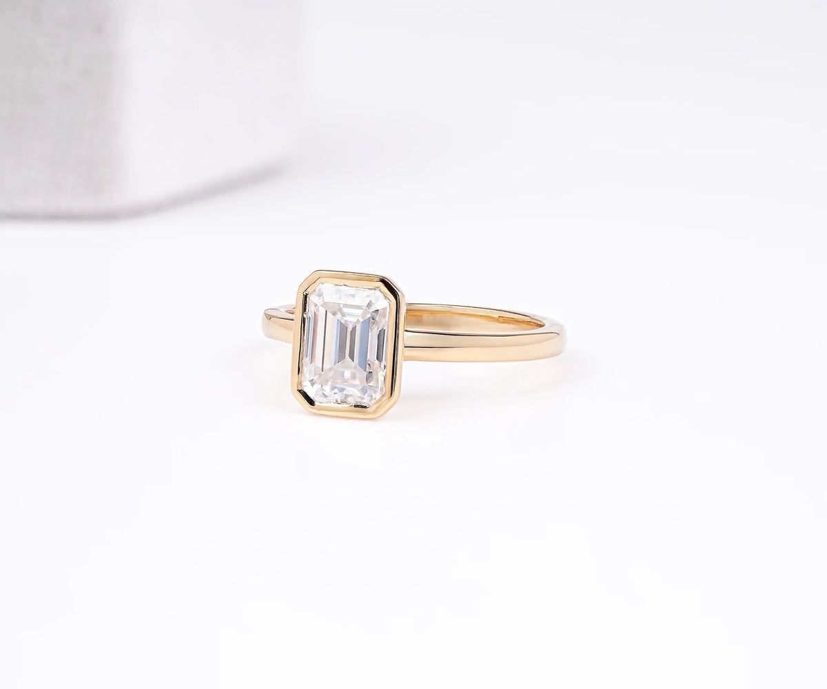 Solitaire Bezel Emerald Shape Lab Diamond Engagement Ring